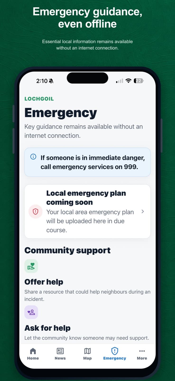 Emergency area of the Community Ready app