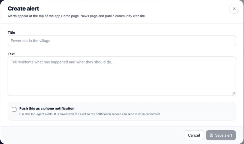 Create alert form with Title, Text and push notification option