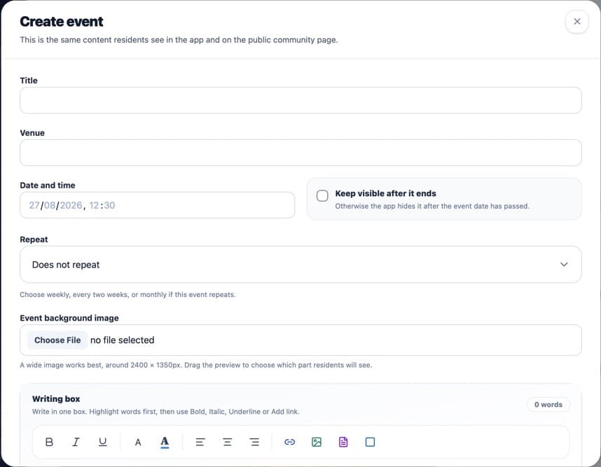 Create event form with title, venue, date, repeat, image and presentation controls